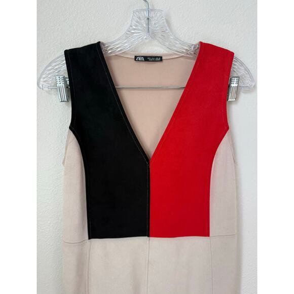 NWOT Zara Sleeveless Faux Suede Color Block Dress Size Small - Picture 4 of 6